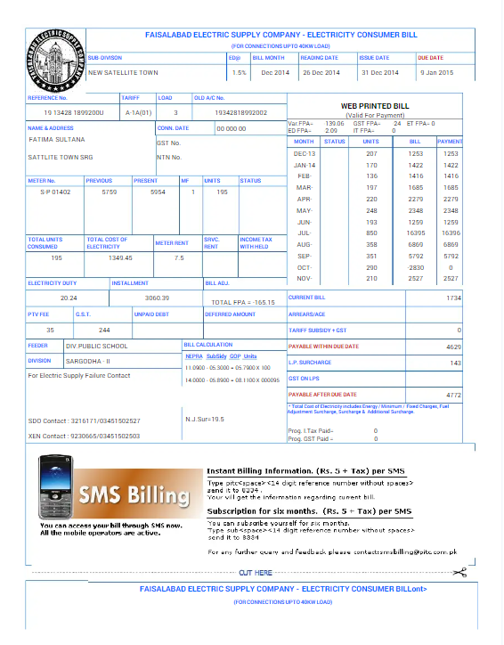 PAKISTAN FAISALABAD utility bill Word and PDF template